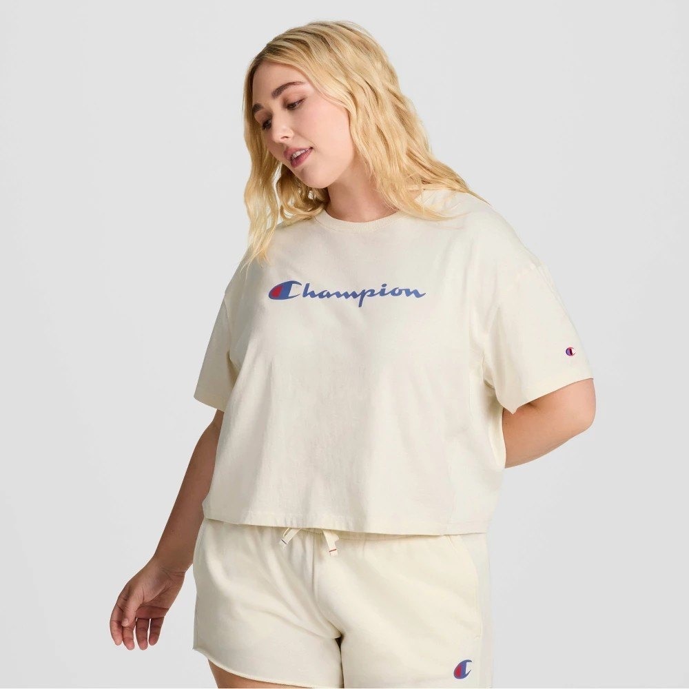 NWT Champion Iconic Cropped Short Sleeve T-Shirt Off White Logo Womens Small